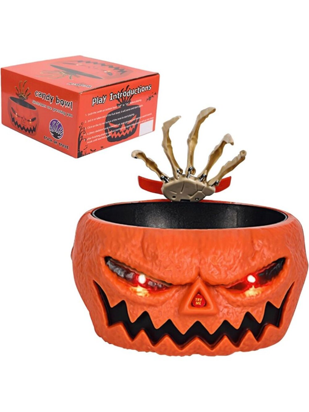 Large Pumpkin Candy Bowl with Animated Skull & Creepy Skeleton Hand - Halloween